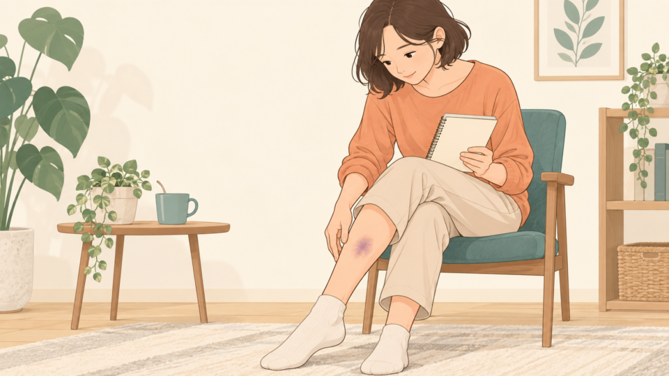 腕のあざの経過をノートに記録する女性の説明用イラスト