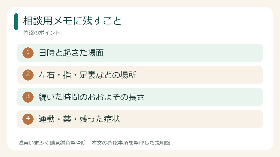 相談用メモに残すこと。日時と起きた場面。左右・指・足裏などの場所。続いた時間のおおよその長さ。運動・薬・残った症状