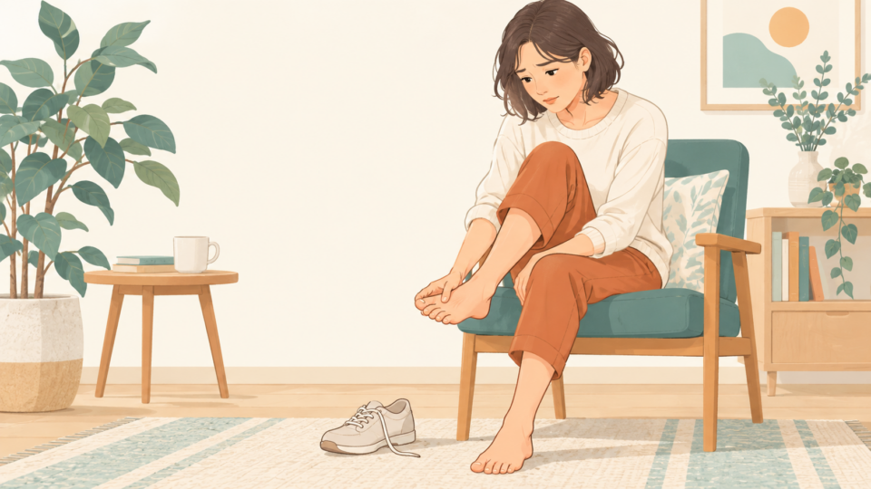 椅子に座って足の指の状態を確認する女性の説明用イラスト