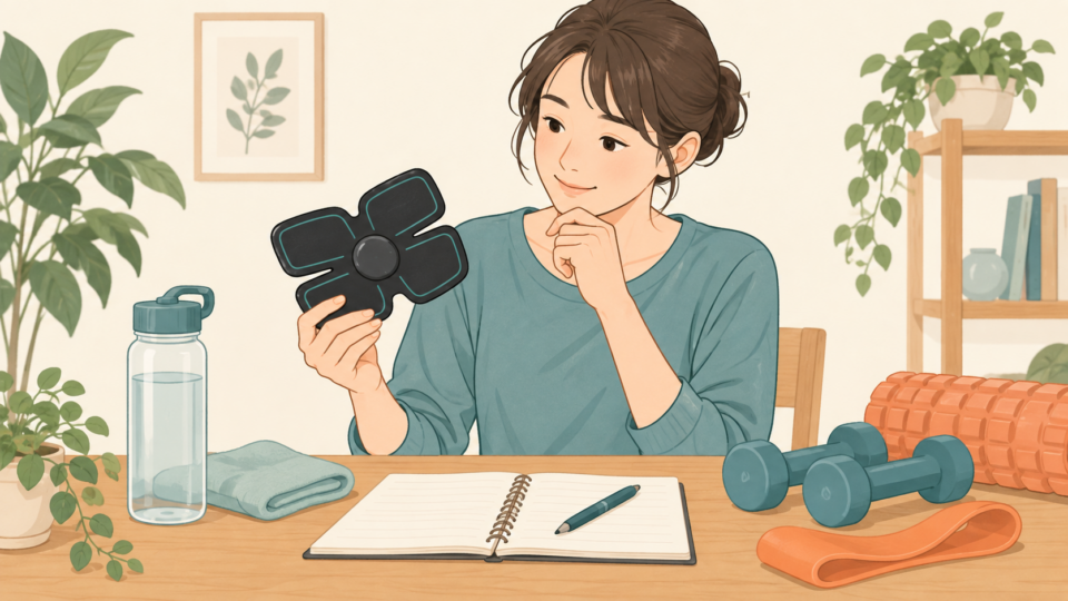 EMS機器と運動記録を確認する女性の説明用イラスト