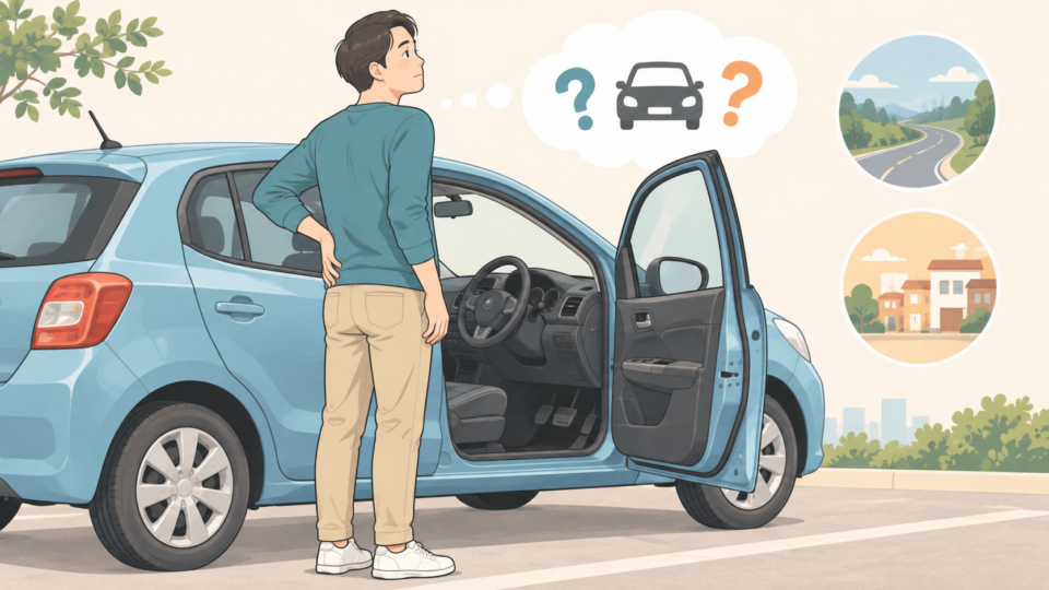 停車した車のそばで腰を気にする男性の説明用イラスト