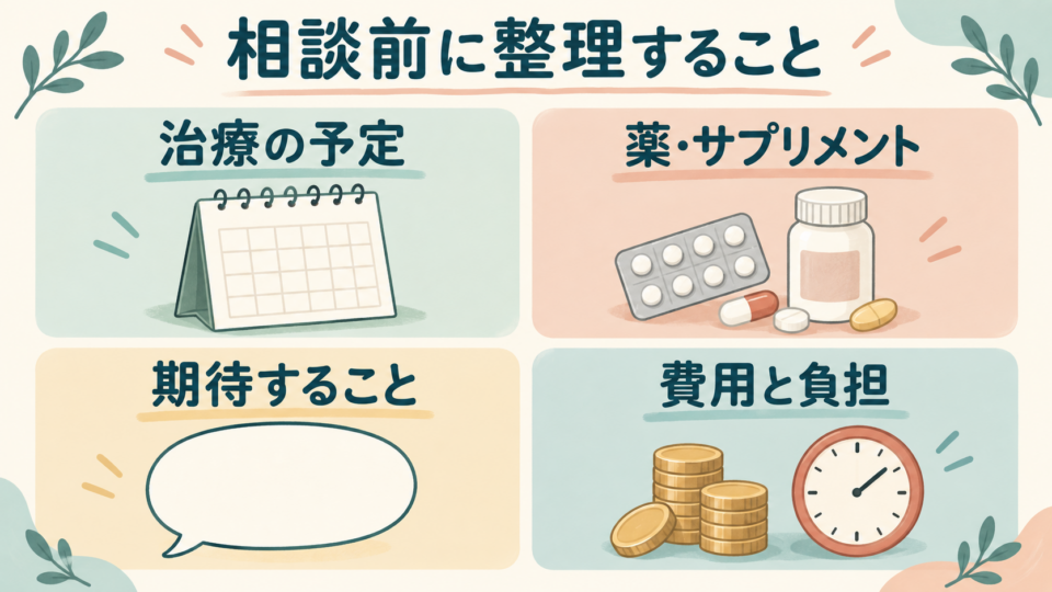 治療の予定、薬、期待すること、費用を整理する相談用の図