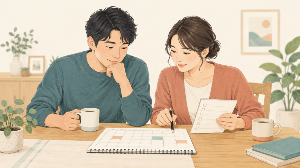 治療の予定と相談事項を机で整理する二人の説明用イラスト