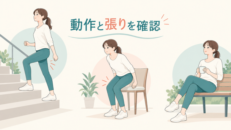 階段、立ち上がり、休憩時の張りを確認する図