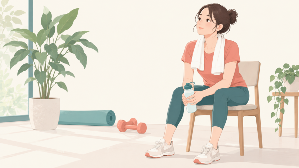 運動後に椅子で休憩する成人のイラスト