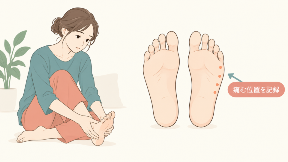 足裏の小指側の外縁に痛む位置を記録する説明図