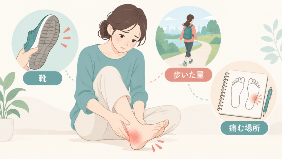 靴、歩いた量、痛む場所を整理する図