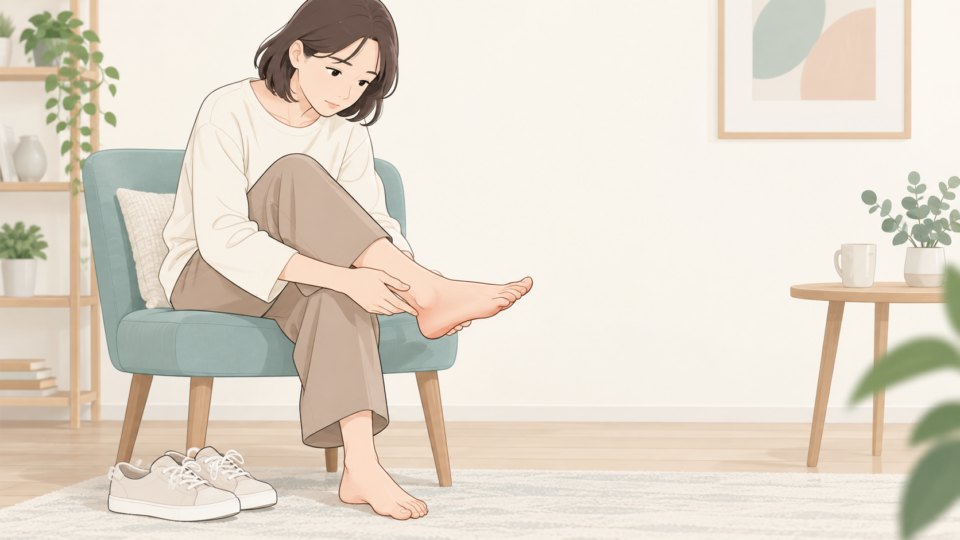 椅子に座って足の外側を確認する成人のイラスト