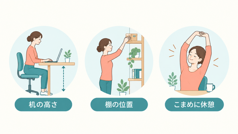 机の高さ、棚の位置、こまめな休憩を見直す図