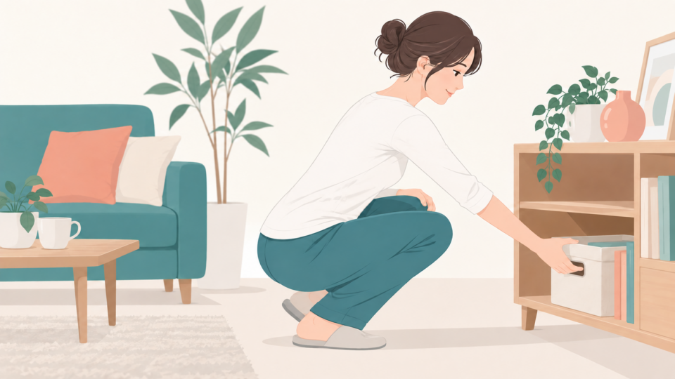 棚の物を取る成人の自然な腕と背中の動きを示すイラスト