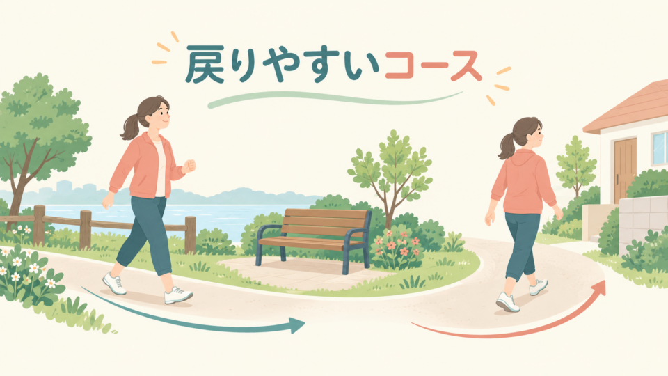 短い遊歩道と休憩場所、戻りやすい帰り道を示す図
