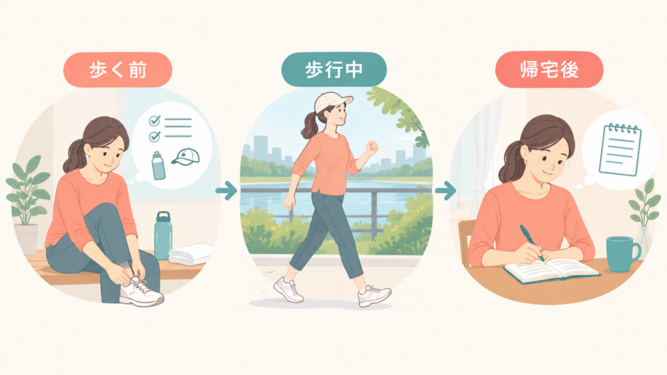 歩く前、歩行中、帰宅後の状態を確認する図