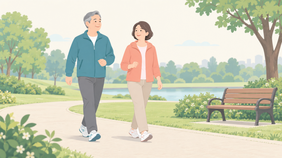 ベンチのある平坦な公園を歩く成人の説明用イラスト