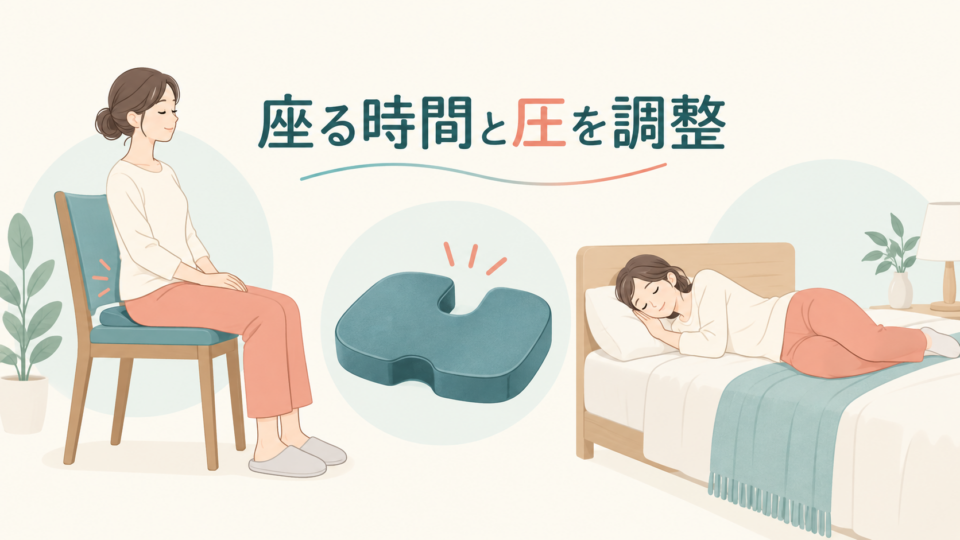尾骨用クッションと横向きの休息で座る圧を調整する図