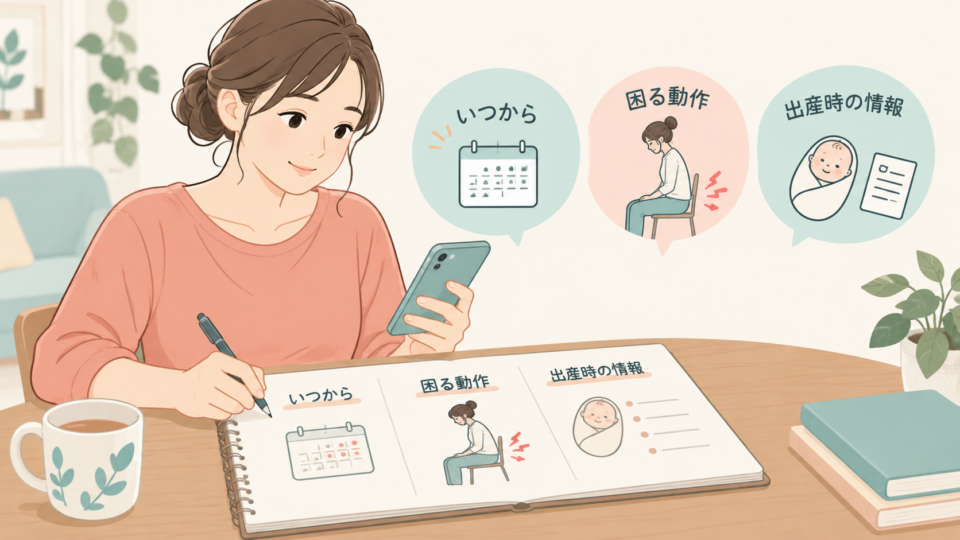 痛みが始まった時期、困る動作、出産時の情報を整理する図
