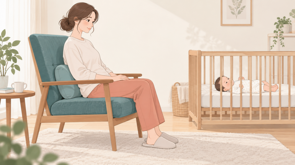 椅子で休む母親と安全なベビーベッドの説明用イラスト