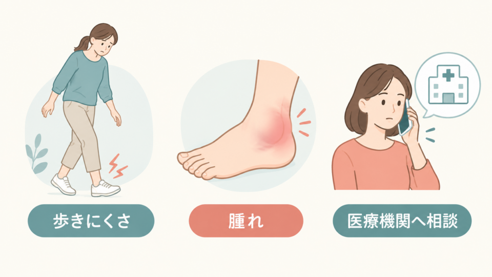 歩きにくさや腫れを確認して医療機関へ相談する図