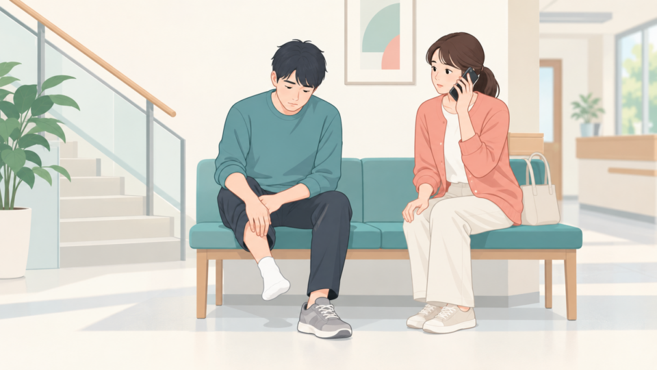 足を休めながら付き添いが医療機関に電話する場面のイラスト
