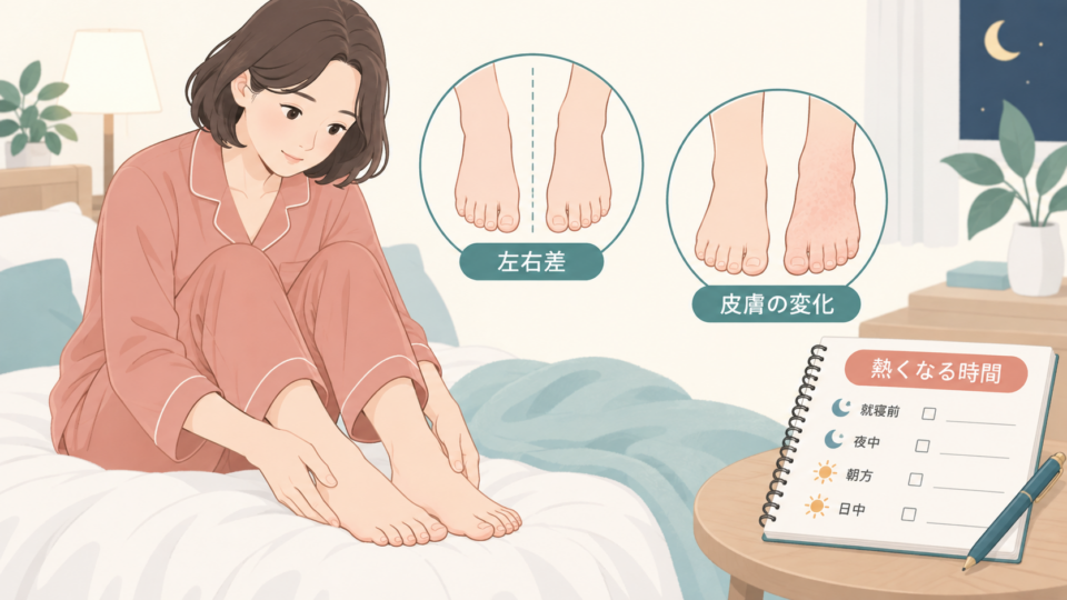 左右差、皮膚の変化、熱くなる時間を確認する図