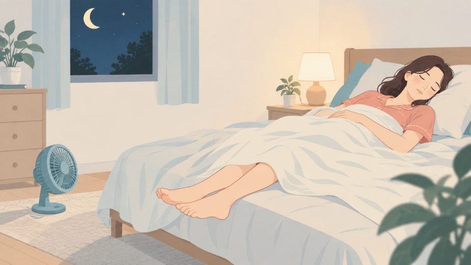 薄い寝具と離した扇風機で足元の環境を調整する夜のイラスト