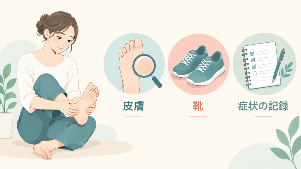 足の皮膚、靴、症状の記録を確認する図