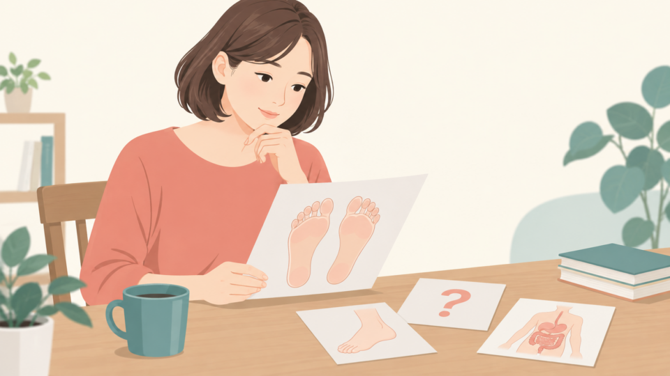 足の健康に関する情報と疑問を整理する成人のイラスト