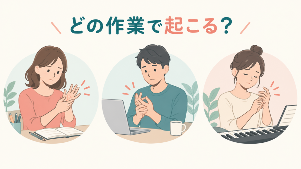 書く、入力する、楽器を演奏する作業と手の症状を整理する図