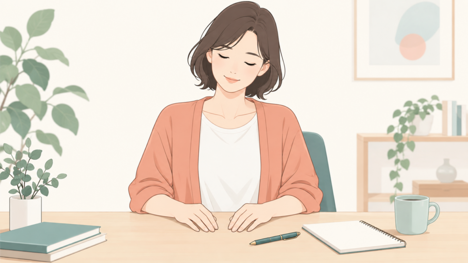 ペンを置き、机の上で両手を自然に休ませる成人のイラスト