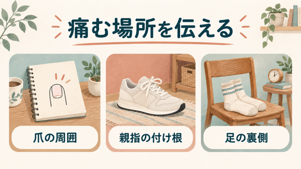 親指の痛みは爪の周囲、付け根、足裏側に分けて伝える