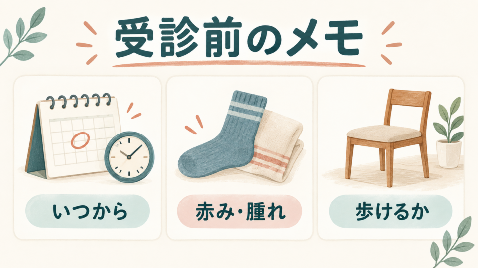 受診前に発症時期、赤みや腫れ、歩けるかを記録する
