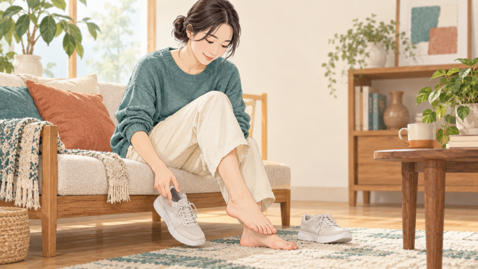 靴を脱いで足の状態を確認する人の説明用イラスト