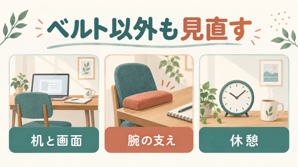 ベルト以外にも机と画面、腕の支え、休憩を見直す