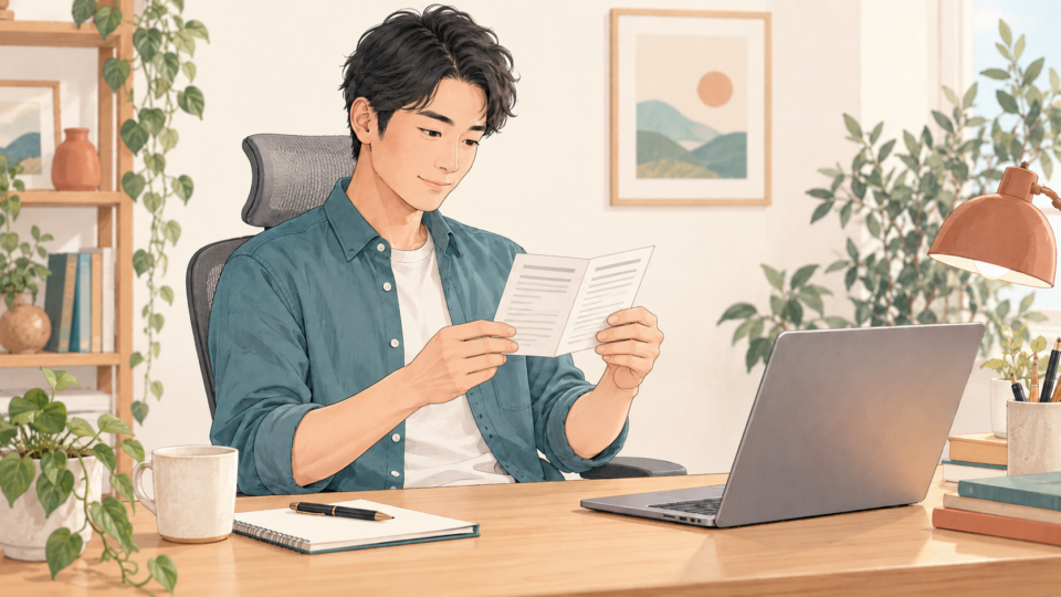 デスクで姿勢サポート用品の説明書を確認する人