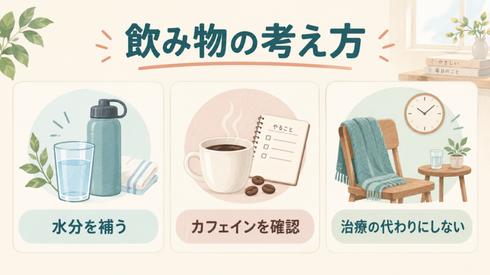 飲み物は水分を補い、カフェインを確認し、治療の代わりにしない