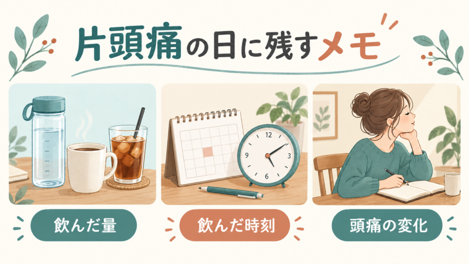 頭痛の日は飲んだ量、時刻、頭痛の変化を記録する