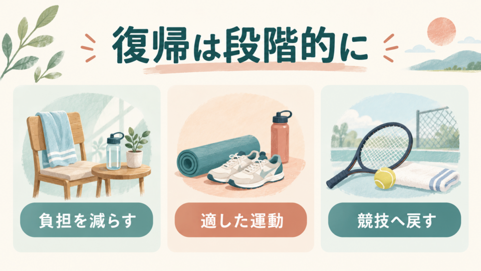 負担を減らし、適した運動から段階的に競技へ戻す考え方