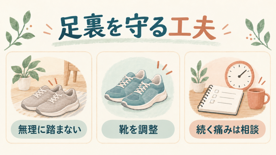 足裏は無理に踏まず、靴を調整し、続く痛みを相談する