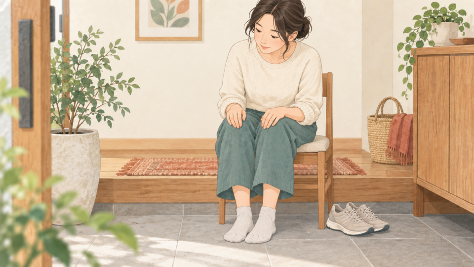 玄関で歩く靴を確認する人の説明用イラスト