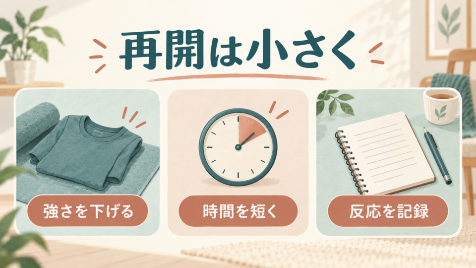 再開は強さを下げ、時間を短くし、反応を記録する
