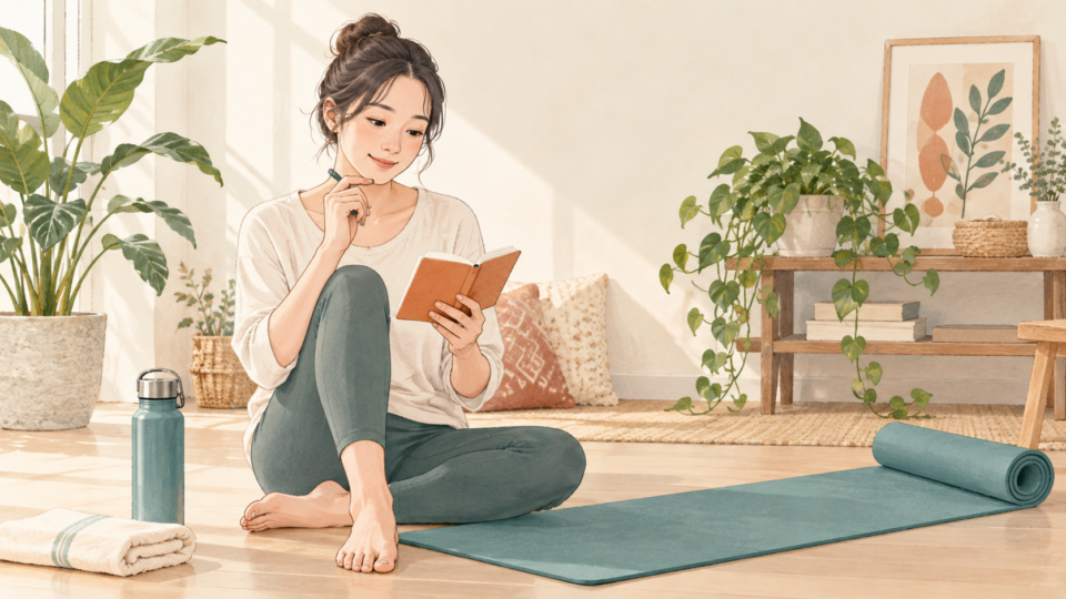 ストレッチをいったん休み、メモを確認する人