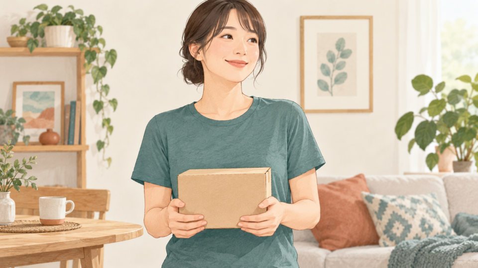 軽い箱を身体の近くで両手で持つ人