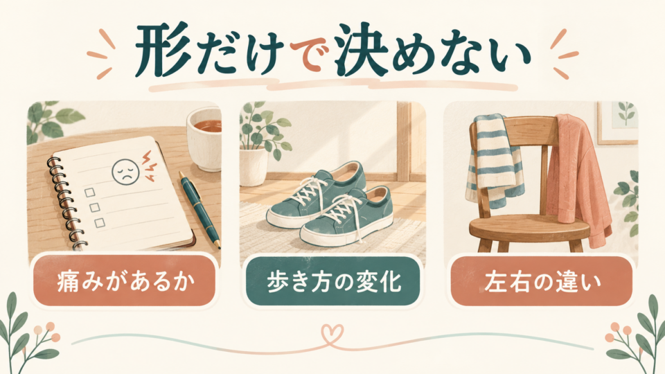 座る形だけでなく痛み、歩き方の変化、左右の違いを確認する