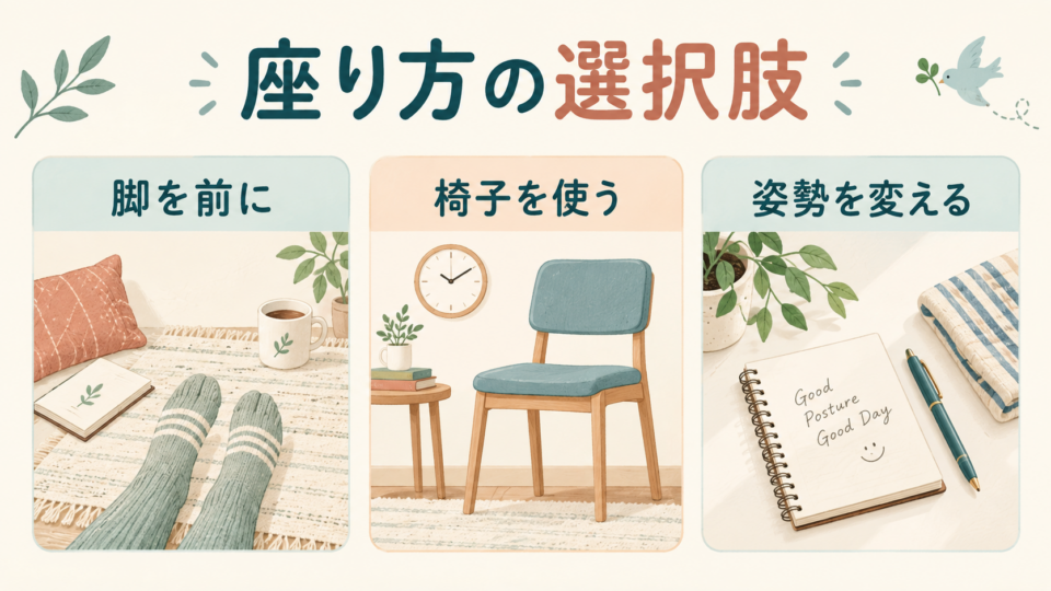 脚を前に出す、椅子を使う、姿勢を変えるという座り方の選択肢