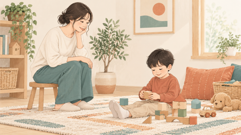 床で脚を前に出して遊ぶ子どもを見守る保護者
