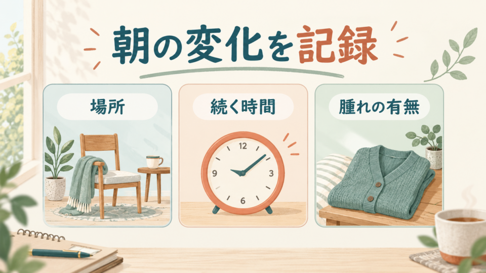 朝のこわばりは場所、続く時間、腫れの有無を記録する