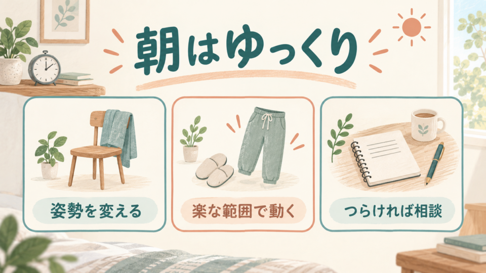 朝は姿勢を変え、楽な範囲で動き、つらければ相談する