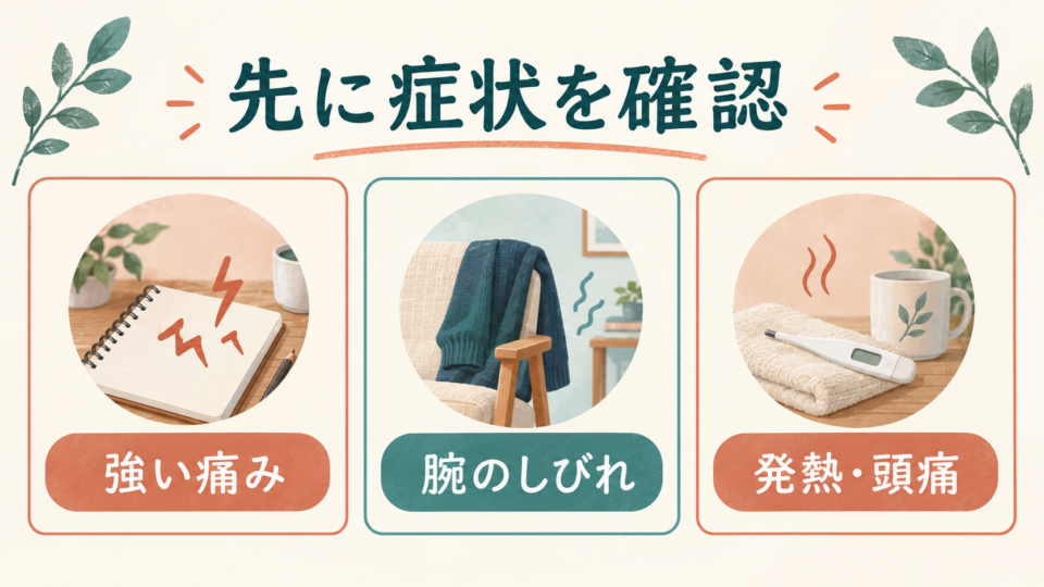 強い痛み、腕のしびれ、発熱や頭痛を先に確認する