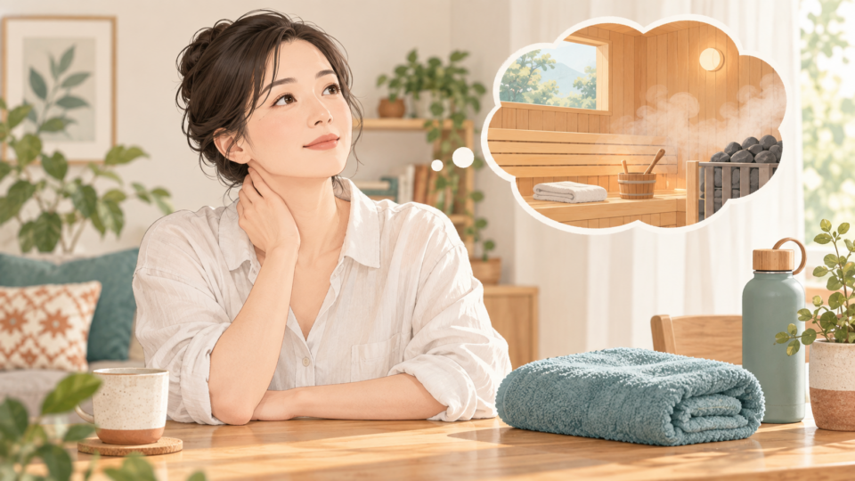 首の状態を気にしながら自宅で休む人とタオル