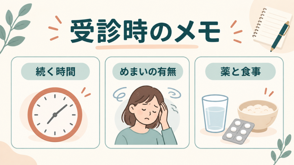 受診時には吐き気が続く時間、めまいの有無、薬と食事を伝える