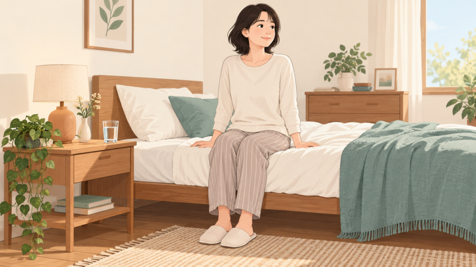 朝、ベッドの端に落ち着いて座り、体調を確かめる人のイラスト